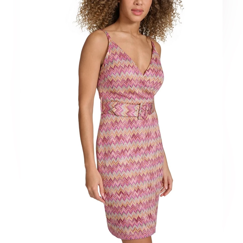 Siena Women’s Printed Belted Sheath Pink Multi MIDI Dress Size 16